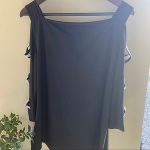 S. LEVINE Cold Shoulder Top Black L Rhinestone Trim Sleeve